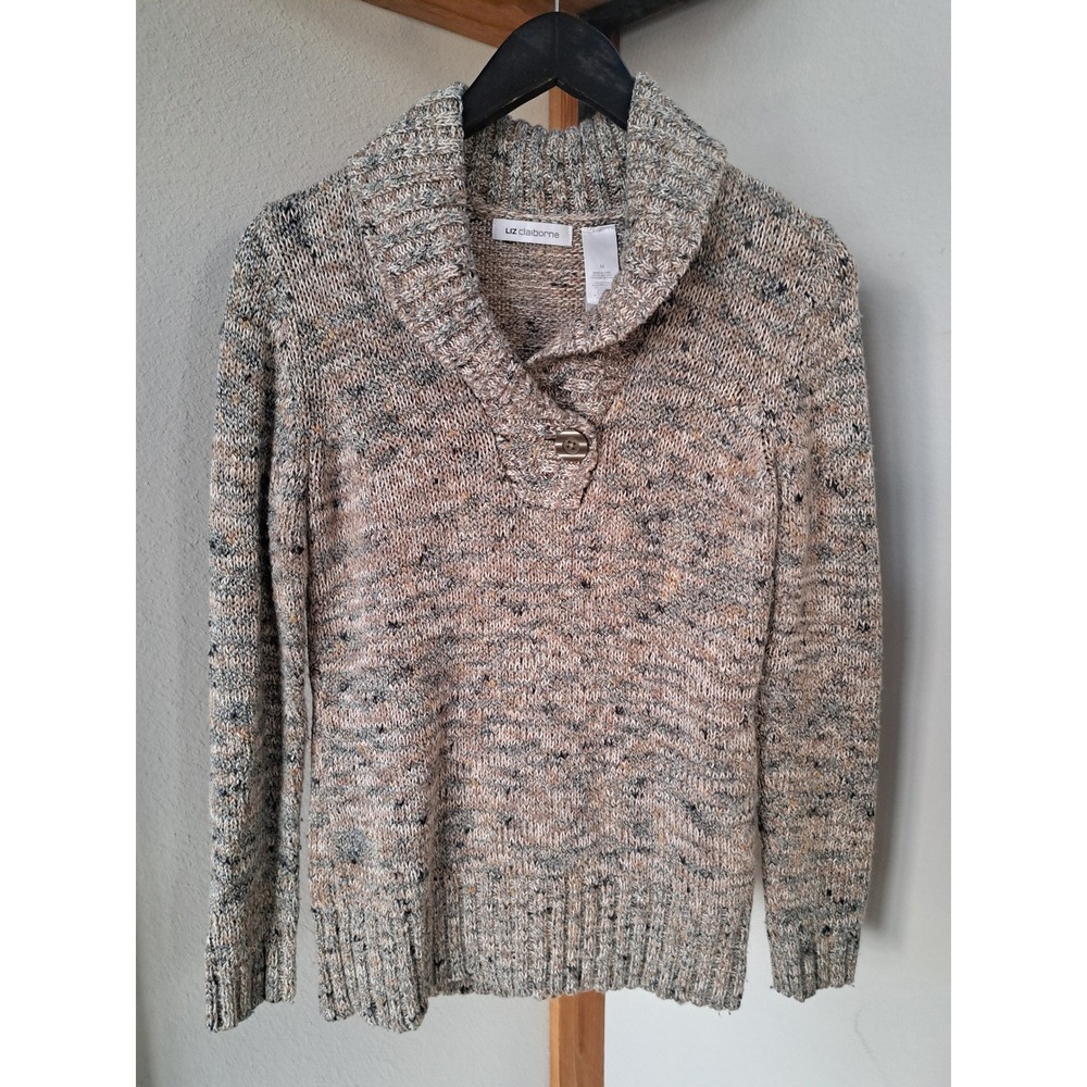 Liz Claiborne Womens Shawl Collar Marled Knit Sweater Oatmeal Tan Button Large